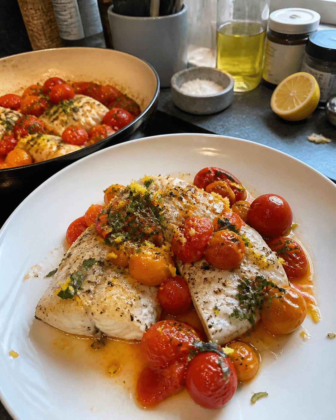 Sunny Cod with Burst Tomatoes