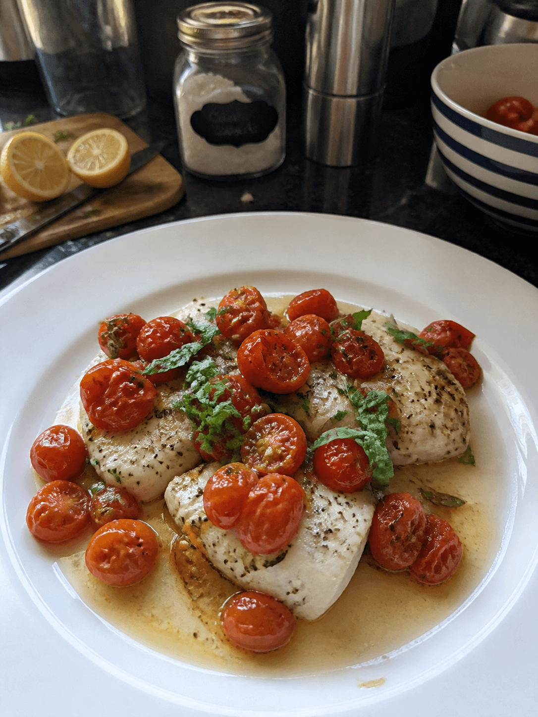 Baked Cod with Roasted Tomatoes and Basil