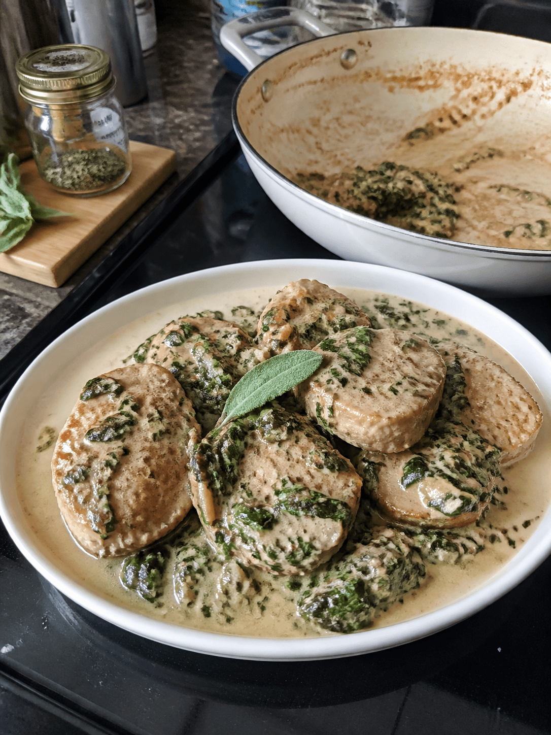 Creamy Pork Medallions with Sage and Spinach