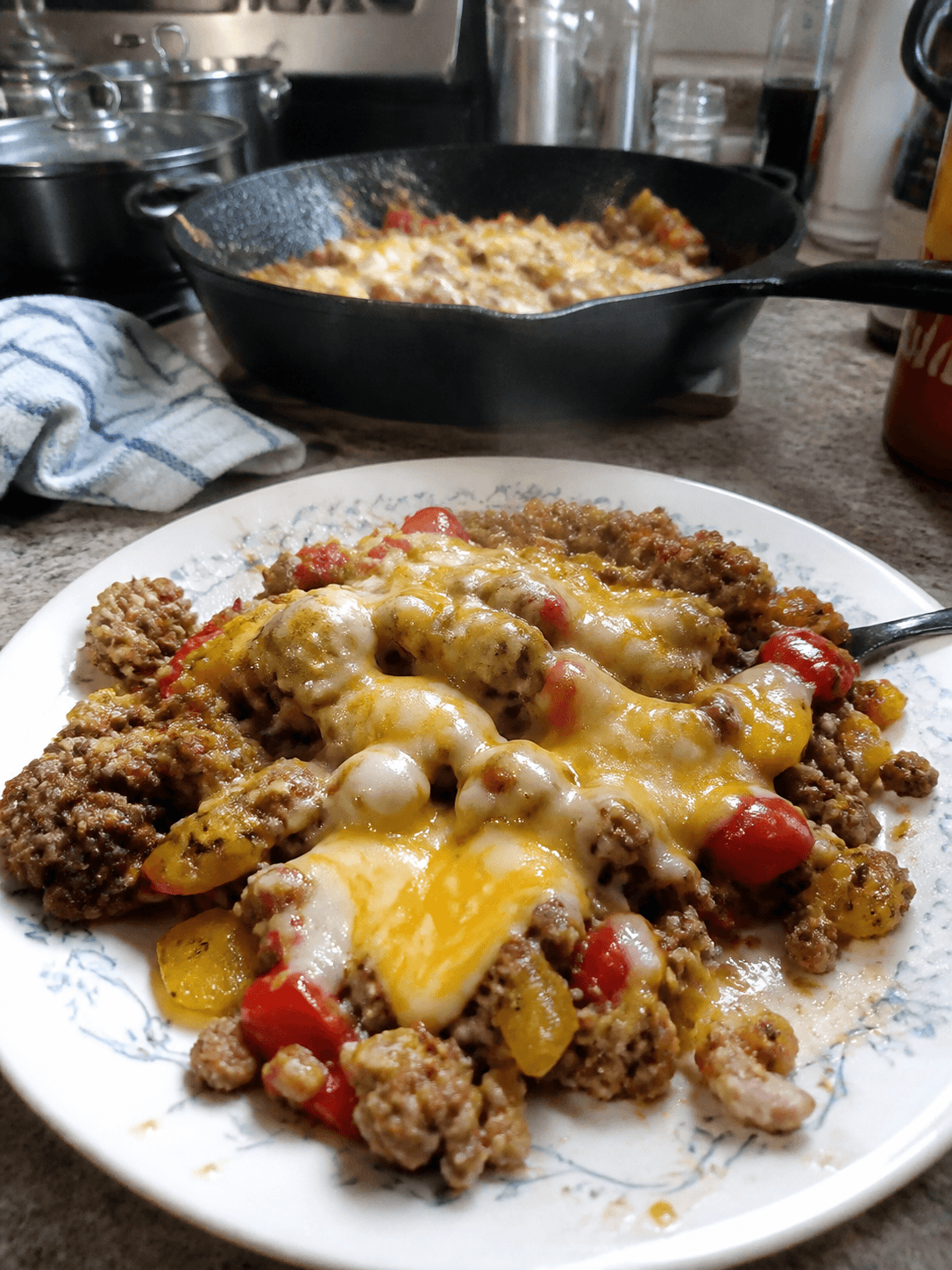 Fiery Cheesy Beef & Pepper Skillet