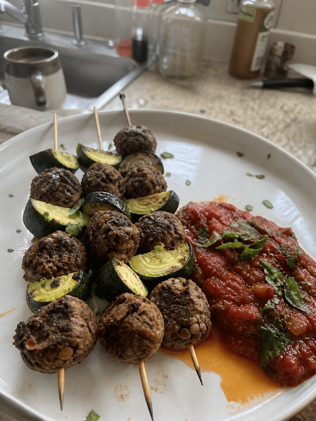 Hearty Lentil and Zucchini Skewers with Marinara