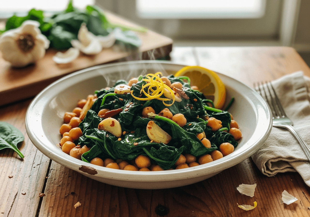 Lemony Garlic Spinach Chickpeas