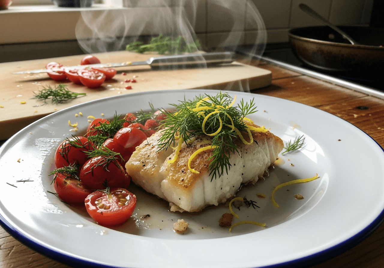 Pan-Seared Cod with Lemon Dill Tomatoes