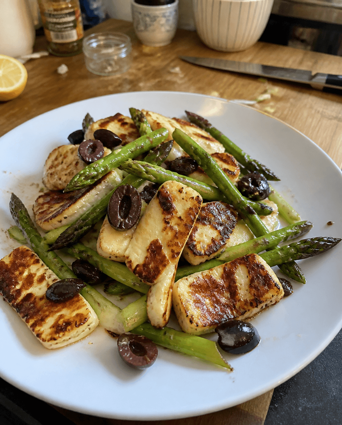 Pan-Seared Halloumi with Lemony Asparagus and Olives