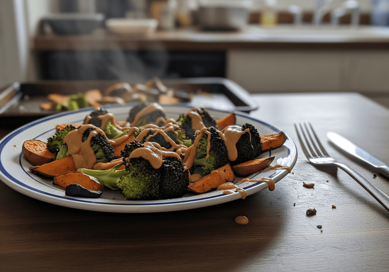 Roasted Sweet Potato and Broccoli with Peanut Drizzle